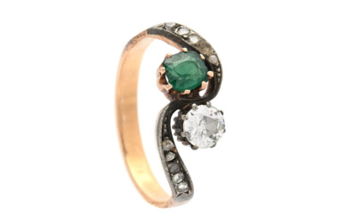 Jewellery Ring RING, 18K gold/silver, emerald, old european cut diamo...