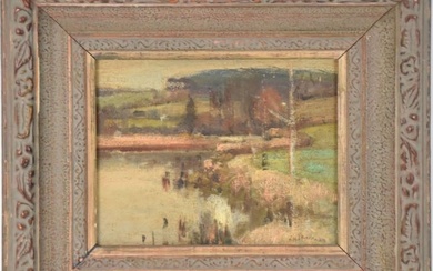 John Henry Twachtman (American, 1853-1902) fall landscape, oil on board, signed lower right, board