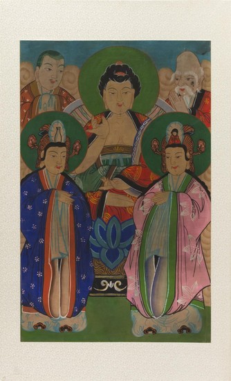 KOREAN PAINTING ON SILK Depicts Buddha standing with four attendants. 27.5" x 17.5". Mounted.