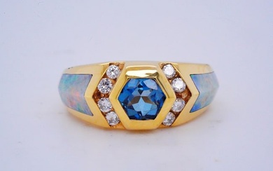 Kabana 0.90ctw Blue Topaz and Diamond, Opal and 14K Ring