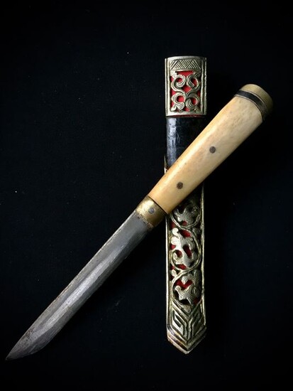 Knife (1) - Bone, Buffalo horn, Leather, Silver, Steel, Textile - Pugnale sino-tibetano fodero in argento - Tibet - 19th century