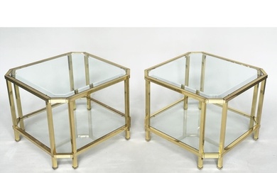 LAMP TABLES, a pair, 1970's gilt metal, square with canted c...