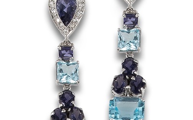 LONG EARRINGS WITH DIAMONDS, AQUAMARINES AND SAPPHIRES, IN PLATINUM