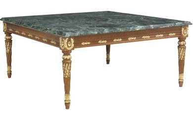 LOUIS XVI STYLE MARBLE-TOP PARCEL GILT & CARVED COFFEE TABLE