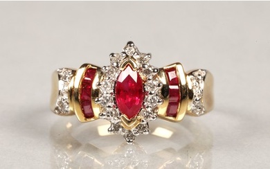 Ladies 14k gold diamond and ruby ring, ring size L/M.