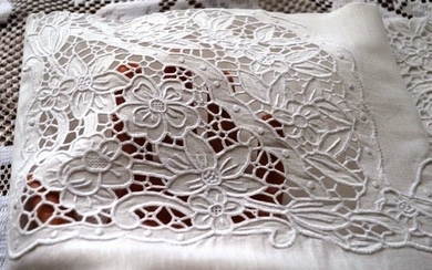 Lavish extra pure linen sheet with cutwork and satin sheet embroidery, entirely handmade