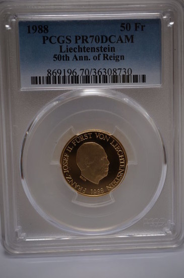 Liechtenstein - 50 Francs 1988 50th anniversary of Reign Franz Joseph II in slab- Gold
