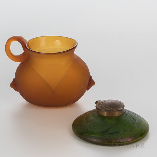 Loetz Inkwell and an Art Glass Handled Vase