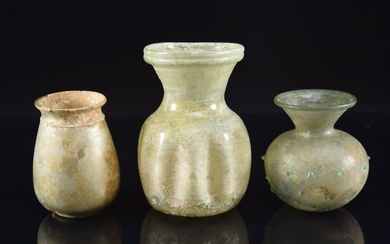 Lot of 3 Roman glass vases. Large lobed vase. Round with applied beads. Other with applied thread.