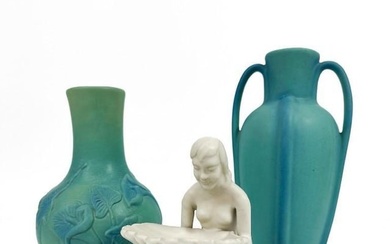 Lot of 3 Van Briggle Art Pottery Turquoise Vases Girl With Shell
