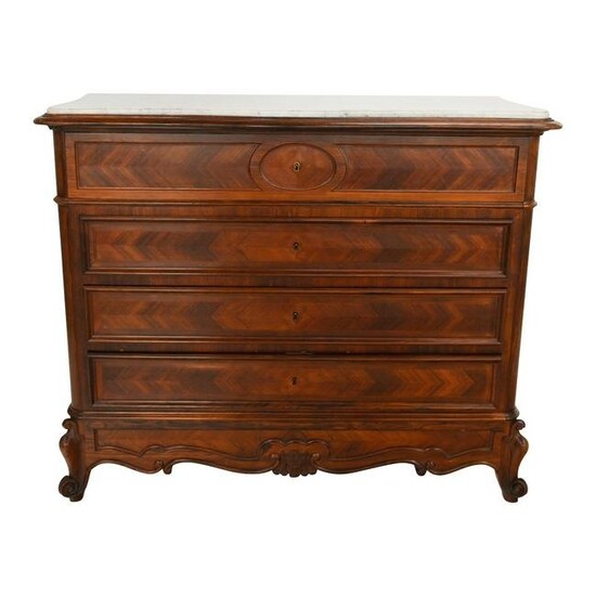 Louis XV Style Rosewood and Walnut Marquetry Commode.