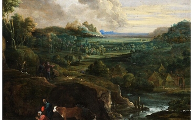 Lukas van Uden (1595 - 1672) und David Teniers d. J. (1610 - 1690), WEITE FLÄMISCHE LANDSCHAFT MIT FIGUREN BEI SONNENUNTERGANG