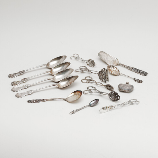 MISCELLANEOUS SILVER, 14 parts, mainly cutlery tableware and sugar tongs, 18th and 20th century.