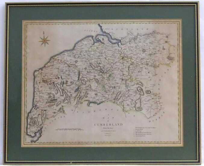 Map: A 19thC hand coloured engraved map of Cumberland