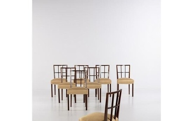 Mario Quarti (1901-1974) Set of eight chairs Varnished wood and fabric Edited by Eugenio Quarti