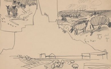 Mathurin MEHEUT (1882-1958) « Paysage aux moutons » crayon gras CP08 - 25x34.5
