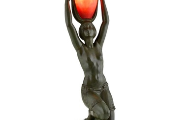 Max le Verrier, - Fayral, Pierre Le Faguays & Daum Nancy - Lamp - Kneeling woman with jug, Vers L'Oasis - Glass, Marble, Metal