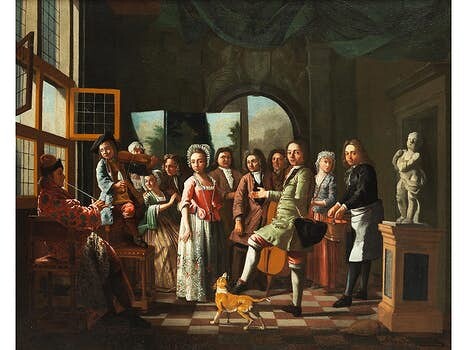 Melchior Brassauw, 1709 Mechelen – 1757 Antwerpen, GESELLIGES FAMILIENTREFFEN IN EINEM INNENRAUM MIT GEÖFFNETEN FENSTERN