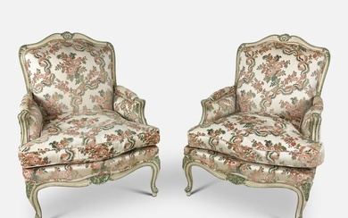 Meyer Gunther Martini French Louis XV Style Floral Upholstery Bergere Armchair Pair