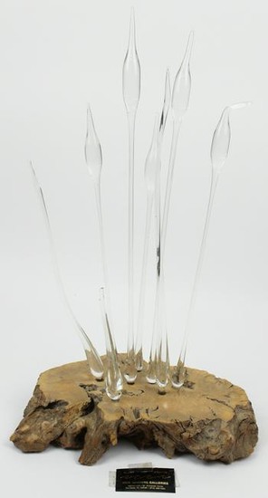 Modern Glass & Wood Cattails Sculpture