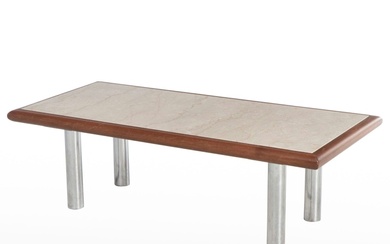 Modernist Chrome, Walnut, and Polished Stone Coffee Table