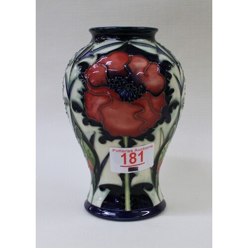 Moorcroft Poppy patterned vase: 16cm in height, silver line ...