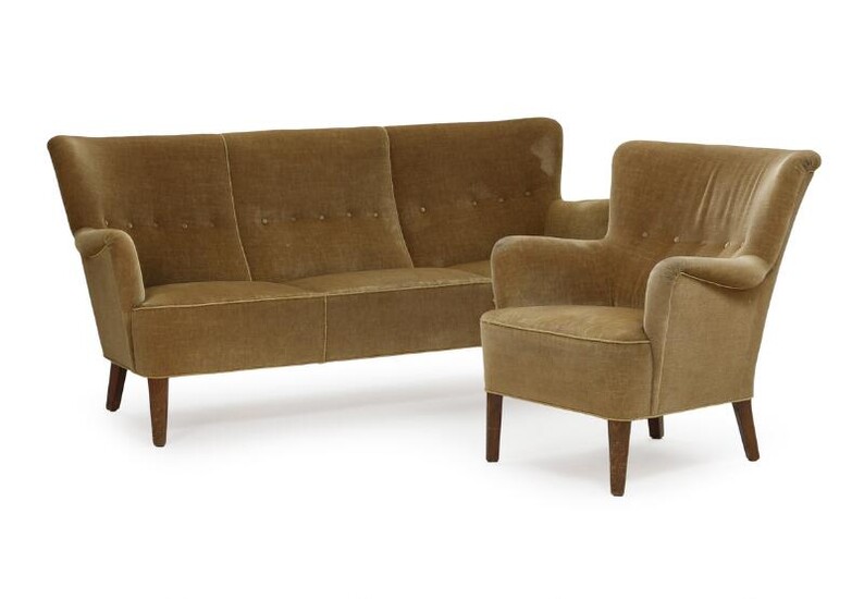 NOT SOLD. Alfred Christensen: Freestanding three-seater sofa and armchair. Manufactured by Slagelse Møbelværk. 180 cm. (2) – Bruun Rasmussen Auctioneers of Fine Art