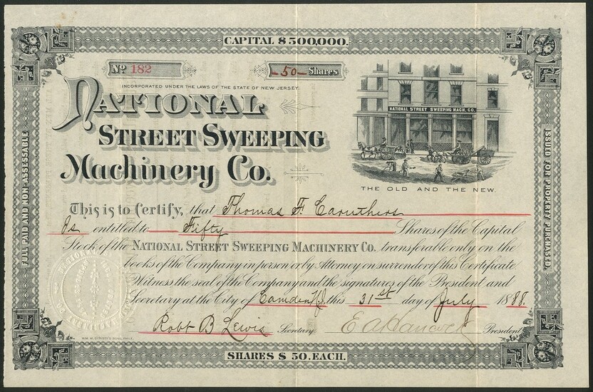 National Street Sweeping Machinery Company, New Jersey, $50 shares, Camden 18[88], #182, unique...