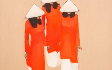 Nguyen Thanh Binh Three Schoolgirls Oil on Canvas