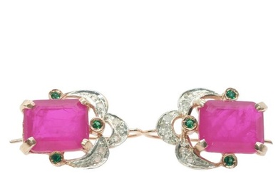 No Reserve Price - Earrings - 9 kt. Rose gold, Silver Ruby - Emerald