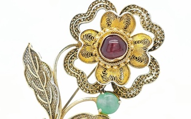 No Reserve Price - Vintage Art Deco Silver Gilt Chinese Export Carnelian & Jade Flower Dress Brooch - Brooch Silver