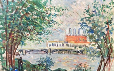 Original French Mid Century Colourful Landscape, French Bridge