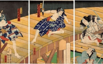 Original woodblock print triptych - Washi paper - Tattooed Warriors - Utagawa Yoshiiku (1833-1904) - On the Kamakura Hanamizu Bridge 鎌倉花水橋 - Japan - 1863 (Bunkyû 3), 9th month