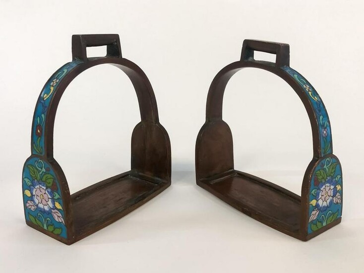PAIR, CHINESE FLORAL CLOISONNE HORSE STIRRUPS