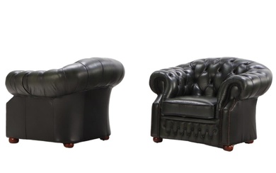 PAIR LEATHER CHESTERFIELD STYLE CLUB CHAIRS WITH BUTTON BACK UPHOLSTERY...