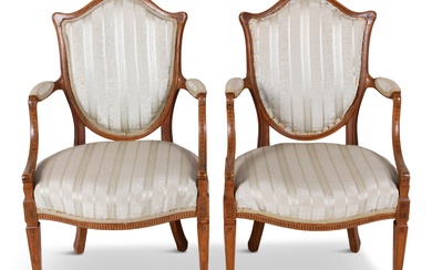 PAIR OF GEORGE III STYLE INLAID MAHOGANY OPEN ARMCHAIRS 38 3/4 x 23 x 22 in. (98.4 x 58.4 x 55.9 cm.)