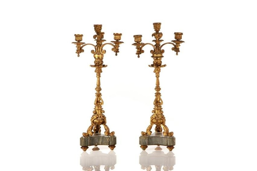 PAIR OF GILDED BRONZE AND MARBLE CANDELABRAS