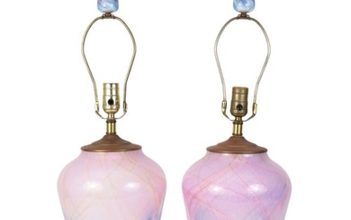 Pair Art Glass Lamps, Pink, Purple & Green Glass Finials, 24"h