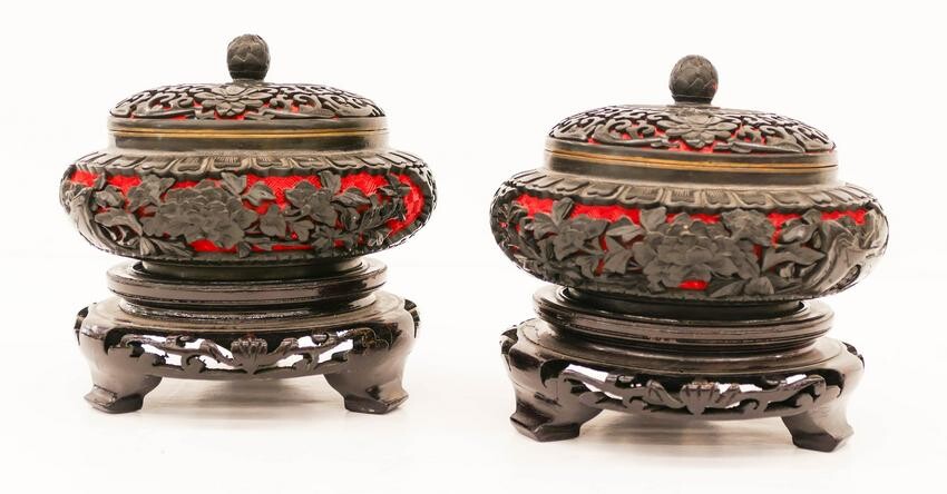 Pair Chinese Two-Color Cinnabar Covered Jars on Stands