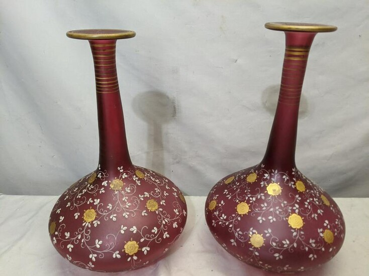 Pair Large Czech Cranberry Glass Tall Vases w/ Gold