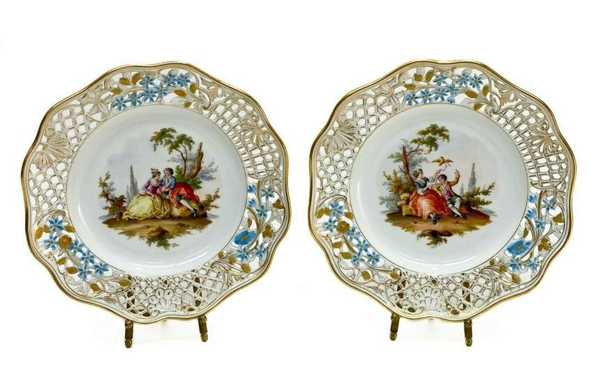Pair Meissen & Carl Teichert Porcelain Dessert Plates