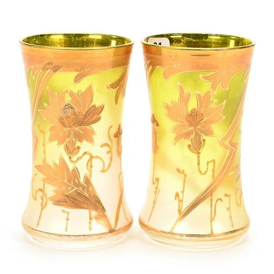 Pair Vases, Frosted Green Shading To Clear
