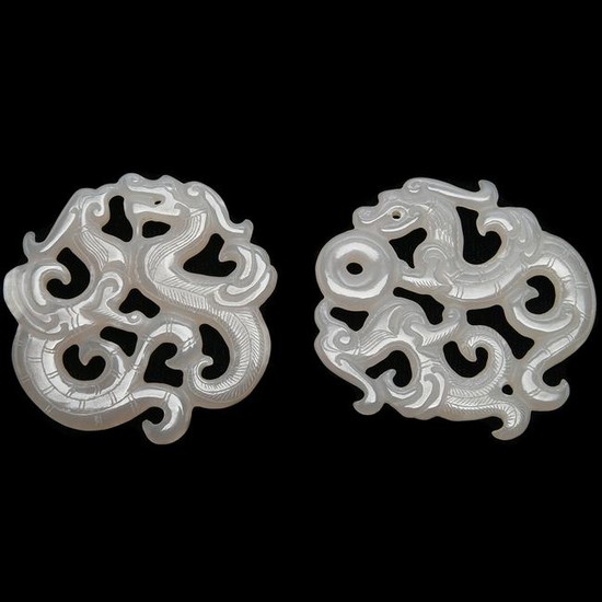 Pair of Chinese White Jade Dragon Pendants