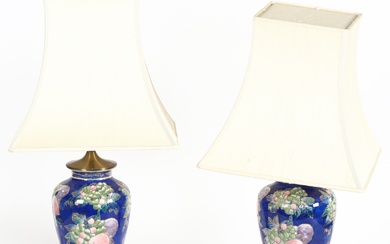 Pair of Chinese table lamps w/ brass fittings and pagoda shades (2)
