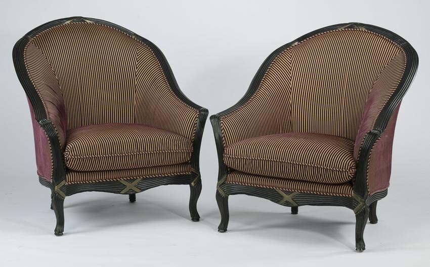 Pair of Empire style striped tub chairs, 43"h