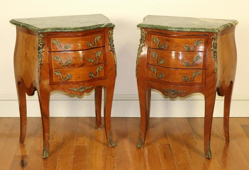 Pair of French Marble Top Bombe Chests