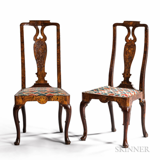 Pair of George I Walnut, Beech, and Marquetry Side Chairs