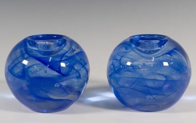 Pair of Kosta Boda Glass Candle Holder, Blue Moon