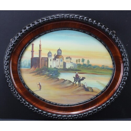 Pair of Middle Eastern style paintings in heavy woden oval f...