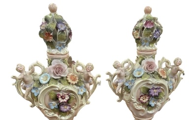 Pair of Period Porcelain Lidded Vases , (very decorative)